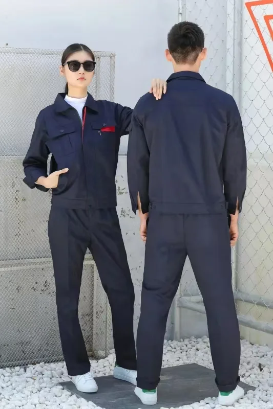 深蓝色长袖工作服正面与背面款式参考